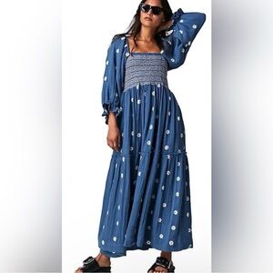 Free People Dahlia Blue Embroidered Floral Dress-Med